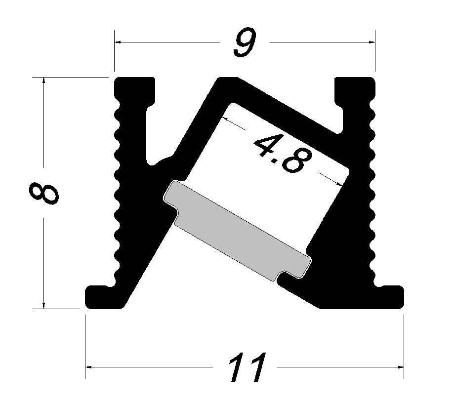 YD-2568 cross-section drawing: 4.8 mm internal channel, 9 × 8 mm body, 11 mm bottom flange for recessed flush mounting